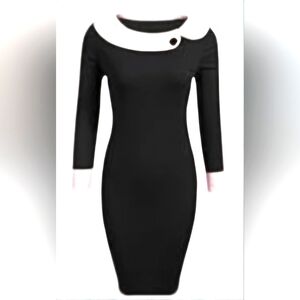 BLACK WITH WHITE, TURN COLLAR AND CUFFS. KNEE-LENGTH BODYCON DRESS. NWOT